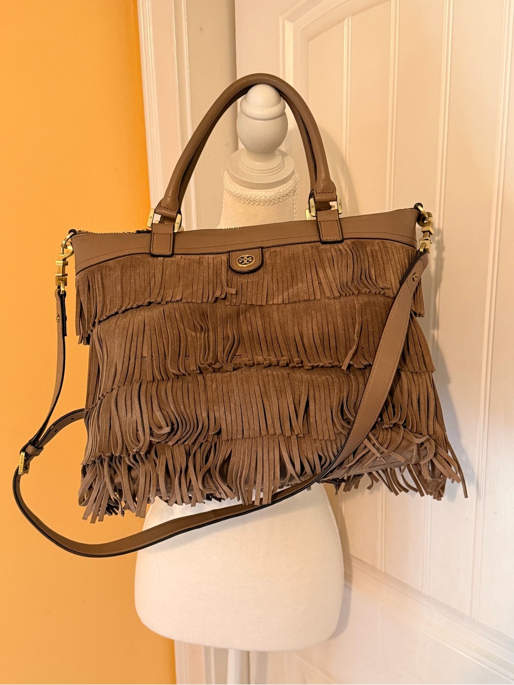 Tory Burch Taupe Fringe Leather Shoulder Bag